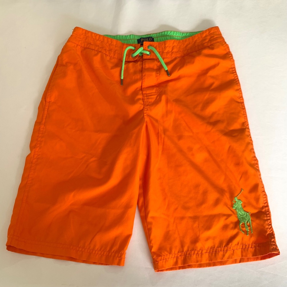 Polo Ralph Lauren Swim Trunks Boys XL 18-20 Orange Green‎ Big Pony Logo Lined
